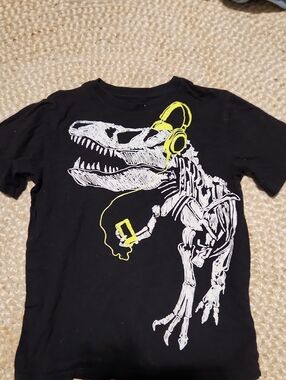 Black Kids Graphic T-Shirt with Yellow Headphones Dinosaur